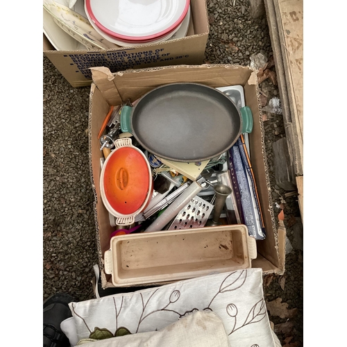 104 - 6 BOXES OF ODDS TO INC CUSHIONS, CAST IRON COOKING PANS ETC