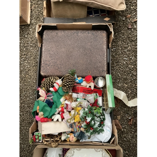 104 - 6 BOXES OF ODDS TO INC CUSHIONS, CAST IRON COOKING PANS ETC