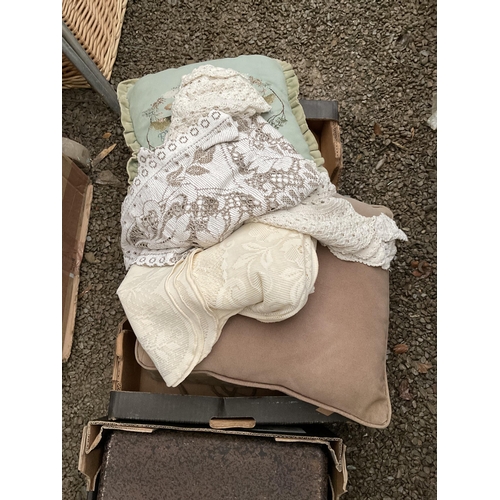 104 - 6 BOXES OF ODDS TO INC CUSHIONS, CAST IRON COOKING PANS ETC