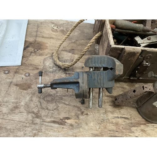 112 - WOODEN BOX OF ODDS TO INCLUDE BRASS BLOW LAMPS ETC