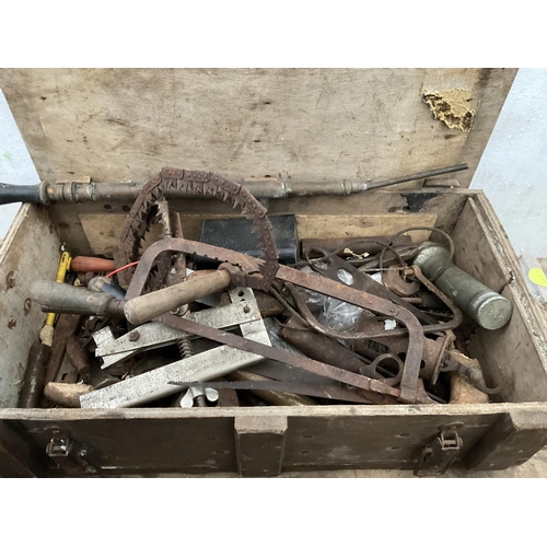 112 - WOODEN BOX OF ODDS TO INCLUDE BRASS BLOW LAMPS ETC