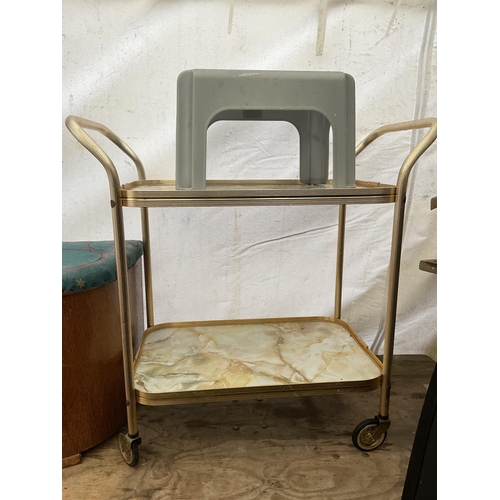 119 - TEA TROLLEY, OTTOMAN AND STOOLS ETC