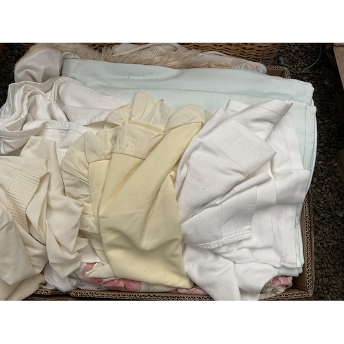 94 - 5 BOXES AND A LINEN BASKET OF BEDDING
