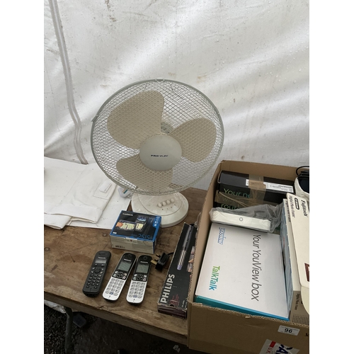 96 - 3 BOXES OF ELECTRICAL ITEMS TO INCLUDE FAN, LAMPS, PRINTER ETC (printer and radio failed safety test... 