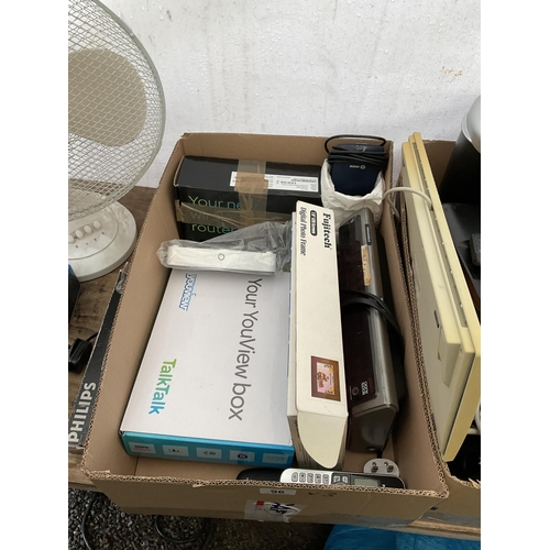 96 - 3 BOXES OF ELECTRICAL ITEMS TO INCLUDE FAN, LAMPS, PRINTER ETC (printer and radio failed safety test... 