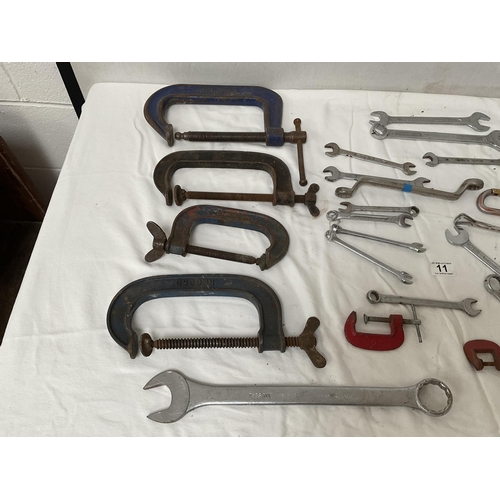 11 - BOX OF SPANNERS AND G CLAMPS