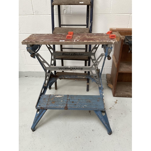 7 - WORKSHOP BENCH COMPLETE WITH VICES, WORKMATE AND SET OF STEPS