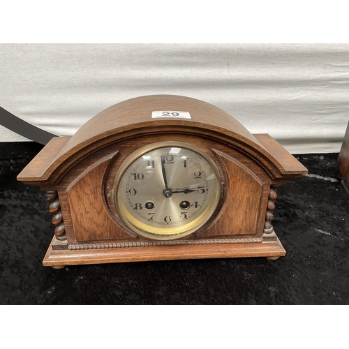 29 - 3 VINTAGE OAK CASED MANTLE CLOCKS - ALL COMPLETE WITH PENDULUM - AND 1 HAS KEY