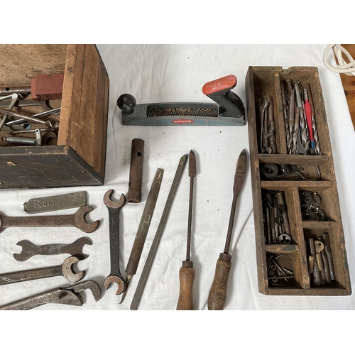 50 - VICTORIAN TOOL BOX AND TOOLS TO INCLUDE SOME ENGINEERS TOOLS - 18