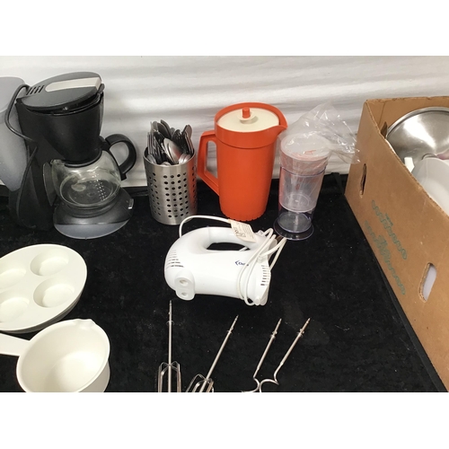 60 - BOX OF CHINA & BOX OF KITCHENWARE TO INCLUDE CUTLERY, COFFEE MACHINE, FOOD MIXER ETC