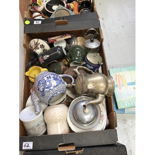 62 - 3 BOXES OF CHINA & METALWARE TO INCLUDE MICRO MOSIAC PHOTO FRAME ETC