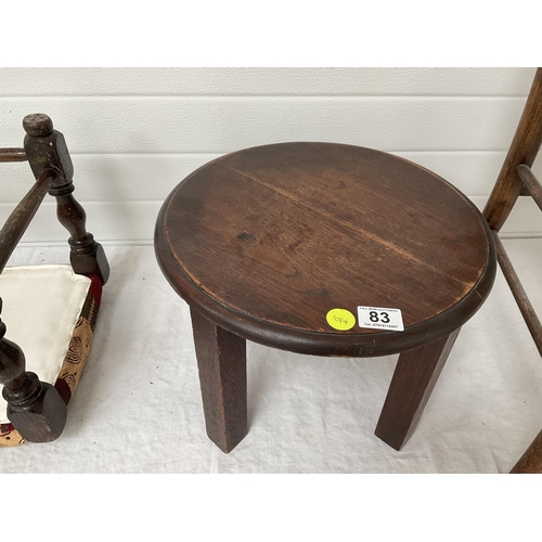 83 - VINTAGE BEECH CHAIR, FOOTSTOOL AND SMALL LAMP TABLE