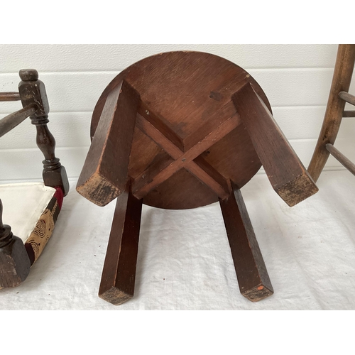 83 - VINTAGE BEECH CHAIR, FOOTSTOOL AND SMALL LAMP TABLE