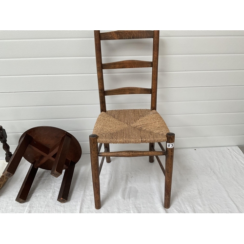 83 - VINTAGE BEECH CHAIR, FOOTSTOOL AND SMALL LAMP TABLE