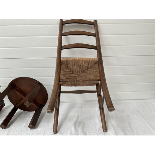 83 - VINTAGE BEECH CHAIR, FOOTSTOOL AND SMALL LAMP TABLE