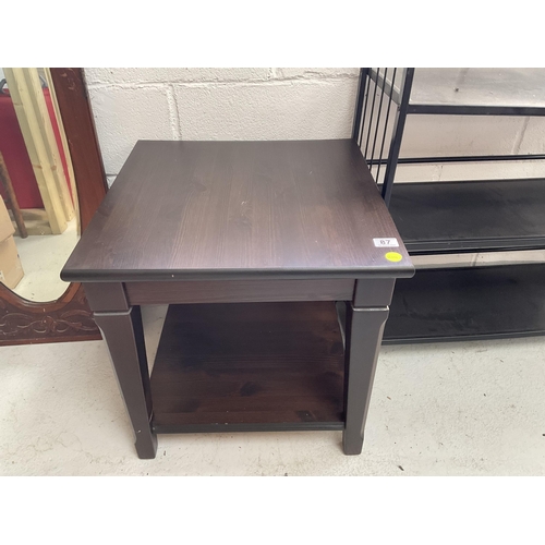 87 - MODERN OAK EFFECT LAMP TABLE AND METAL SHELF UNIT