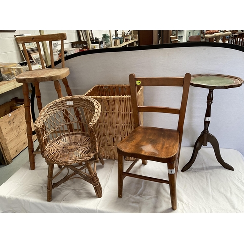 1 - VINTAGE CHILDS CHAIR, PINE BAR STOOL, REPRODUCTION WINE TABLE, WICKER BASKET & CHILDS CHAIR