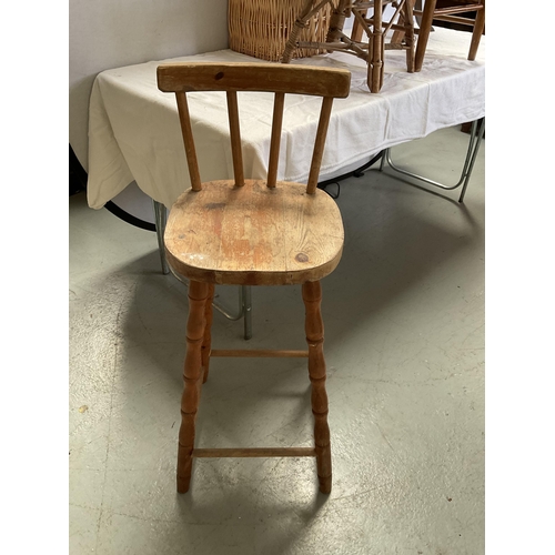 1 - VINTAGE CHILDS CHAIR, PINE BAR STOOL, REPRODUCTION WINE TABLE, WICKER BASKET & CHILDS CHAIR