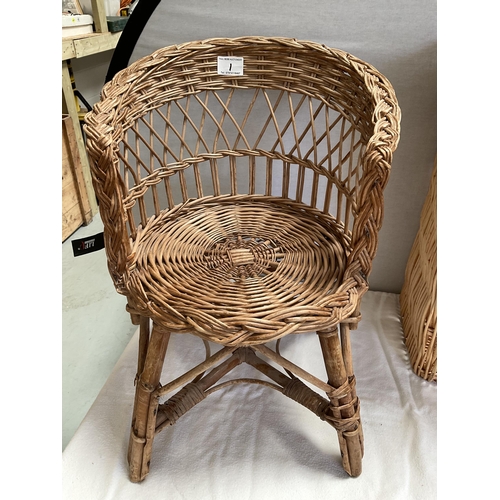 1 - VINTAGE CHILDS CHAIR, PINE BAR STOOL, REPRODUCTION WINE TABLE, WICKER BASKET & CHILDS CHAIR