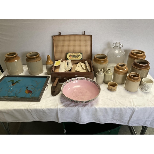 14 - BOX OF ODDS TO INCLUDE EARTHENWARE JARS, SMALL SUITCASE OF EPHERMERA