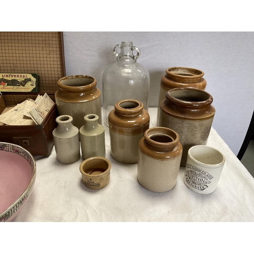 14 - BOX OF ODDS TO INCLUDE EARTHENWARE JARS, SMALL SUITCASE OF EPHERMERA