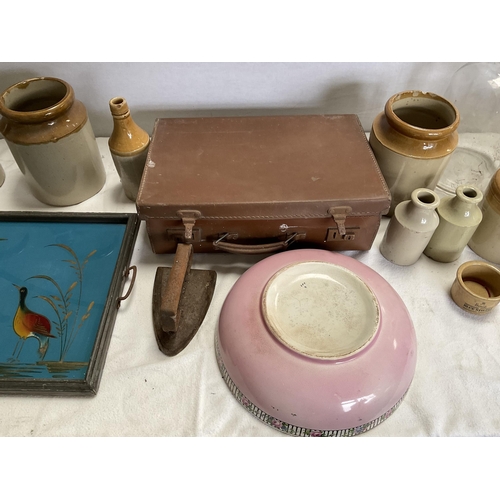 14 - BOX OF ODDS TO INCLUDE EARTHENWARE JARS, SMALL SUITCASE OF EPHERMERA