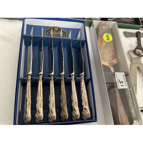 15 - QTY OF CASED CUTLERY TO INCLUDE CARVING SETS, FISH KNIVES, DESERT SPOONS ETC