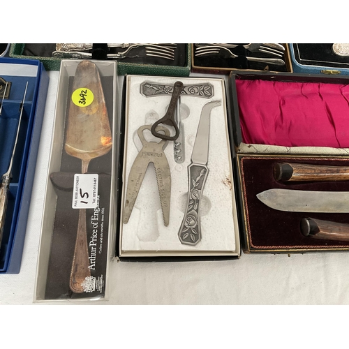 15 - QTY OF CASED CUTLERY TO INCLUDE CARVING SETS, FISH KNIVES, DESERT SPOONS ETC