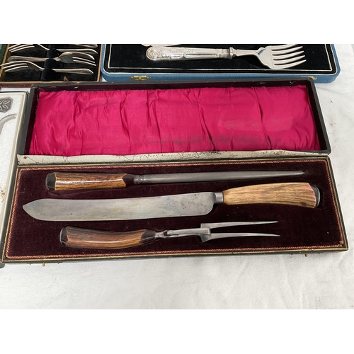 15 - QTY OF CASED CUTLERY TO INCLUDE CARVING SETS, FISH KNIVES, DESERT SPOONS ETC