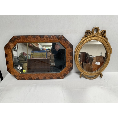 2 - VINTAGE BEVEL EDGED FRAMED WALL MIRROR & GILT ORNATE WALL MIRROR A/F WORMED - W24.5