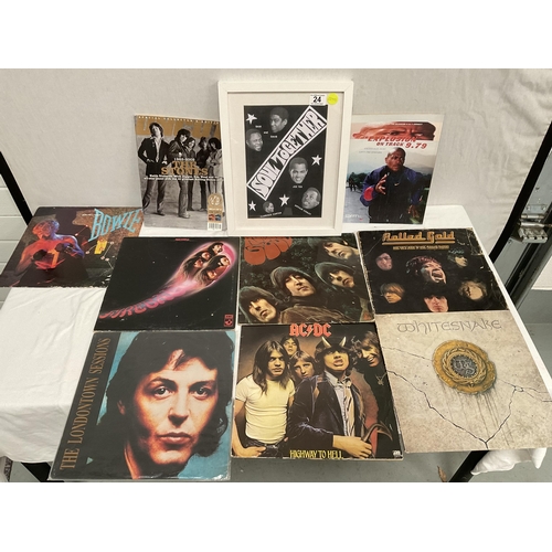 24 - QTY OF RECORDS AND A SOUL POSTER - DEEP PURPLE, WHITESNAKE, ACDC, BEATLES DAVID BOWIE, ROLLING STONE... 