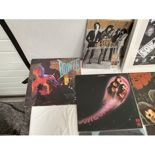 24 - QTY OF RECORDS AND A SOUL POSTER - DEEP PURPLE, WHITESNAKE, ACDC, BEATLES DAVID BOWIE, ROLLING STONE... 