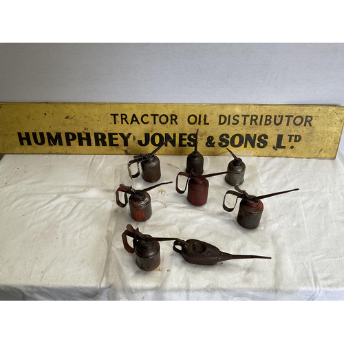 30 - COLLECTION OF VINTAGE OIL CANS, HUMPHREY JONES WOODEN SIGN 60