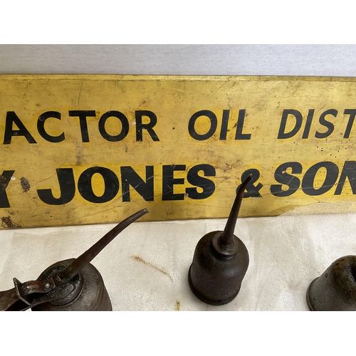 30 - COLLECTION OF VINTAGE OIL CANS, HUMPHREY JONES WOODEN SIGN 60