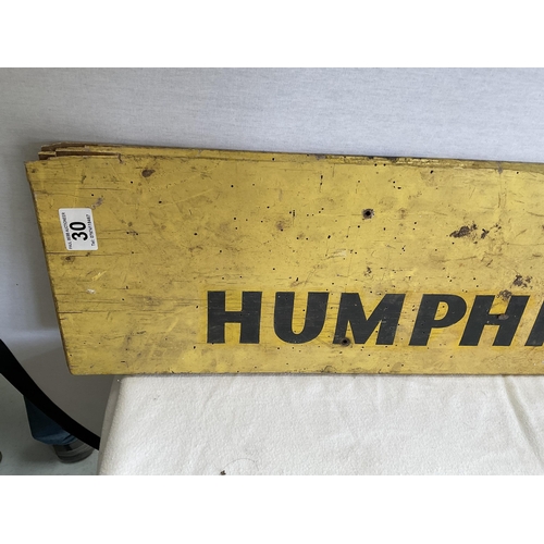 30 - COLLECTION OF VINTAGE OIL CANS, HUMPHREY JONES WOODEN SIGN 60