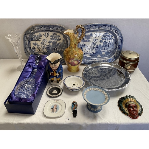 7 - BOX OF CHINA & GLASSWARE TO INCLUDE VICTORIAN MEAT PLATES, BISCUIT BARRELL, CRYSTAL DECANTER IN PRES... 