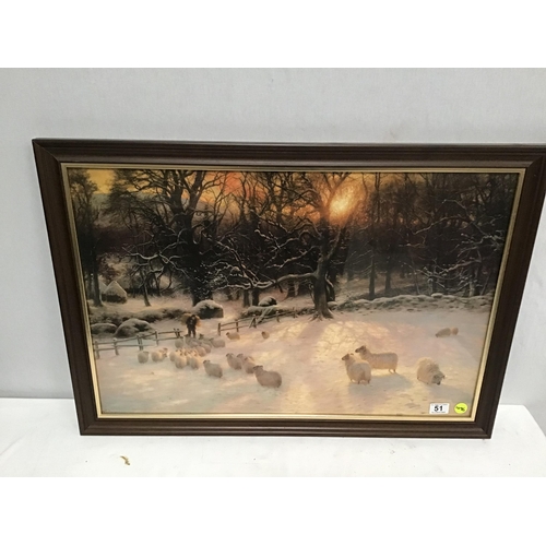 51 - FRAMED PRINT FARMER FEEDING SHEEP IN SNOW - 33