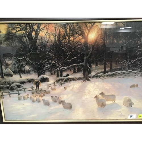 51 - FRAMED PRINT FARMER FEEDING SHEEP IN SNOW - 33