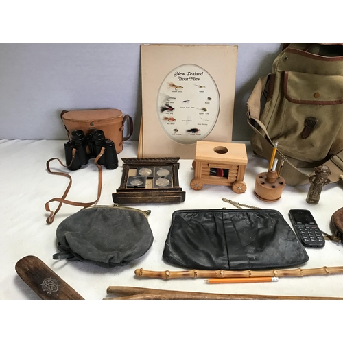 56 - BOX OF COLLECTABLE TO INCLUDE BRADY VINTAGE FISHING BAG, BINOCULARS, LEATHER TAPE, FISHING FLY'S, CO... 