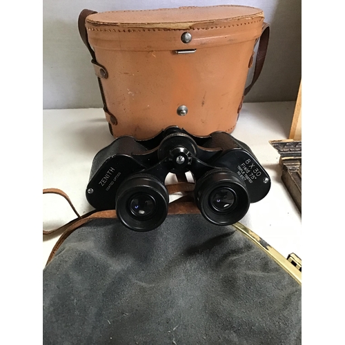 56 - BOX OF COLLECTABLE TO INCLUDE BRADY VINTAGE FISHING BAG, BINOCULARS, LEATHER TAPE, FISHING FLY'S, CO... 