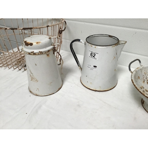 62 - 2 ENAMEL JUGS, CALENDAR & BASKET A/F