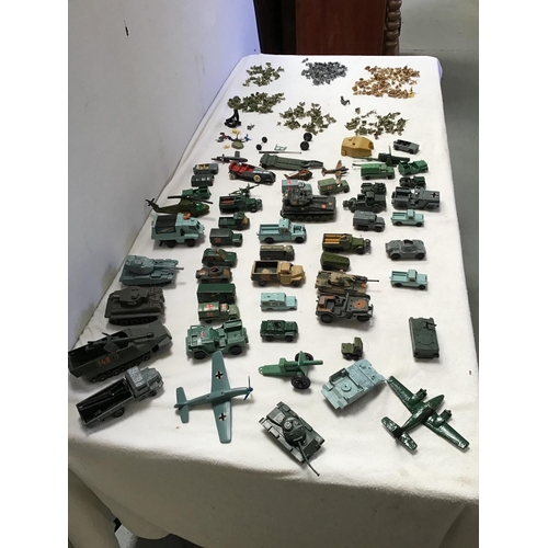 82 - CRATE OF MILITARY VEHICLES TO INCLUDE DINKY ETC, FIGURES