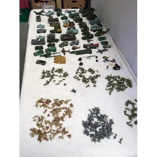 82 - CRATE OF MILITARY VEHICLES TO INCLUDE DINKY ETC, FIGURES