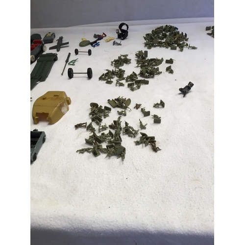 82 - CRATE OF MILITARY VEHICLES TO INCLUDE DINKY ETC, FIGURES