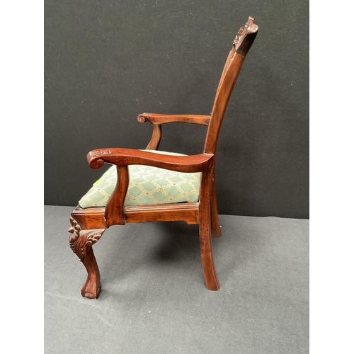 150 - REPRODUCTION CARVED MAHOGANY DOLLS ARMCHAIR WITH DECORATIVE BACK ON BALL & CLAW FEET OF SMALL PROPOR... 