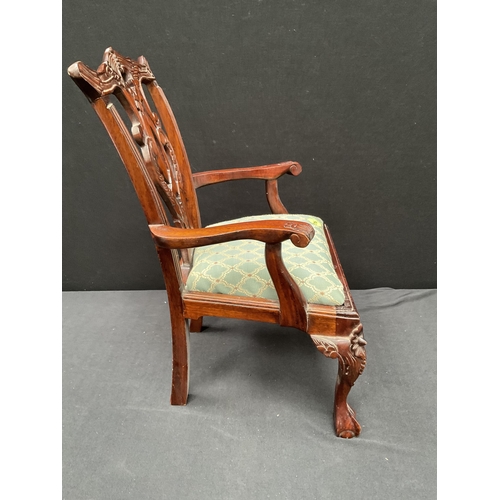 150 - REPRODUCTION CARVED MAHOGANY DOLLS ARMCHAIR WITH DECORATIVE BACK ON BALL & CLAW FEET OF SMALL PROPOR... 