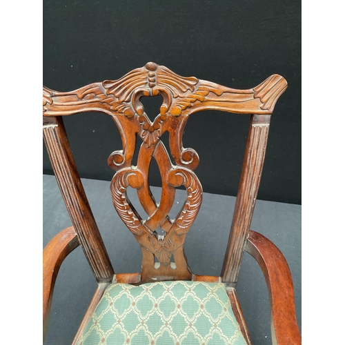 150 - REPRODUCTION CARVED MAHOGANY DOLLS ARMCHAIR WITH DECORATIVE BACK ON BALL & CLAW FEET OF SMALL PROPOR... 