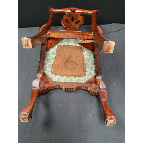 150 - REPRODUCTION CARVED MAHOGANY DOLLS ARMCHAIR WITH DECORATIVE BACK ON BALL & CLAW FEET OF SMALL PROPOR... 