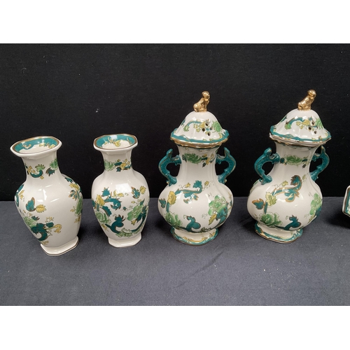 153 - 8 PEICES OF MASONS GREEN PATTERNED IRONSTONE CHINA CHARTEUSE , PAIR OF VASES WITH COVERS, PAIR OF PL... 