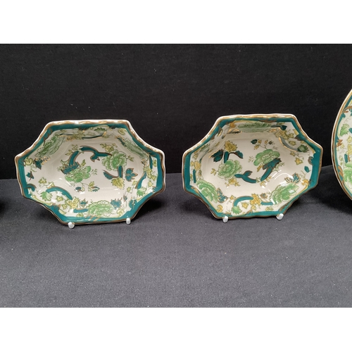 153 - 8 PEICES OF MASONS GREEN PATTERNED IRONSTONE CHINA CHARTEUSE , PAIR OF VASES WITH COVERS, PAIR OF PL... 